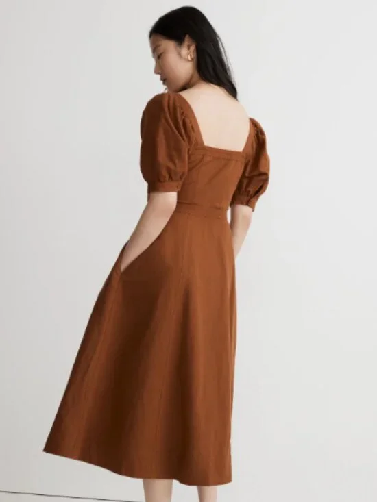 Madewell Button-Front Puff-Sleeve Midi Dress Size 12 NWT - Picture 3 of 16